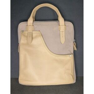ED Ellen DeGeneres Leather Canvas Tote Bag 12x10 Beige Love Purse Lots Pockets